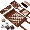 WA-5039 | 14 Inch Roll-up Combo Game Set – Chess, Backgammon & Checkers with Solid Wood Pieces - Dark Brown