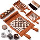 Brown 3-in-1 roll-up travel board game set (chess, backgammon, checkers) with microfiber leather, amber pearl pieces, ideal for portable play.
