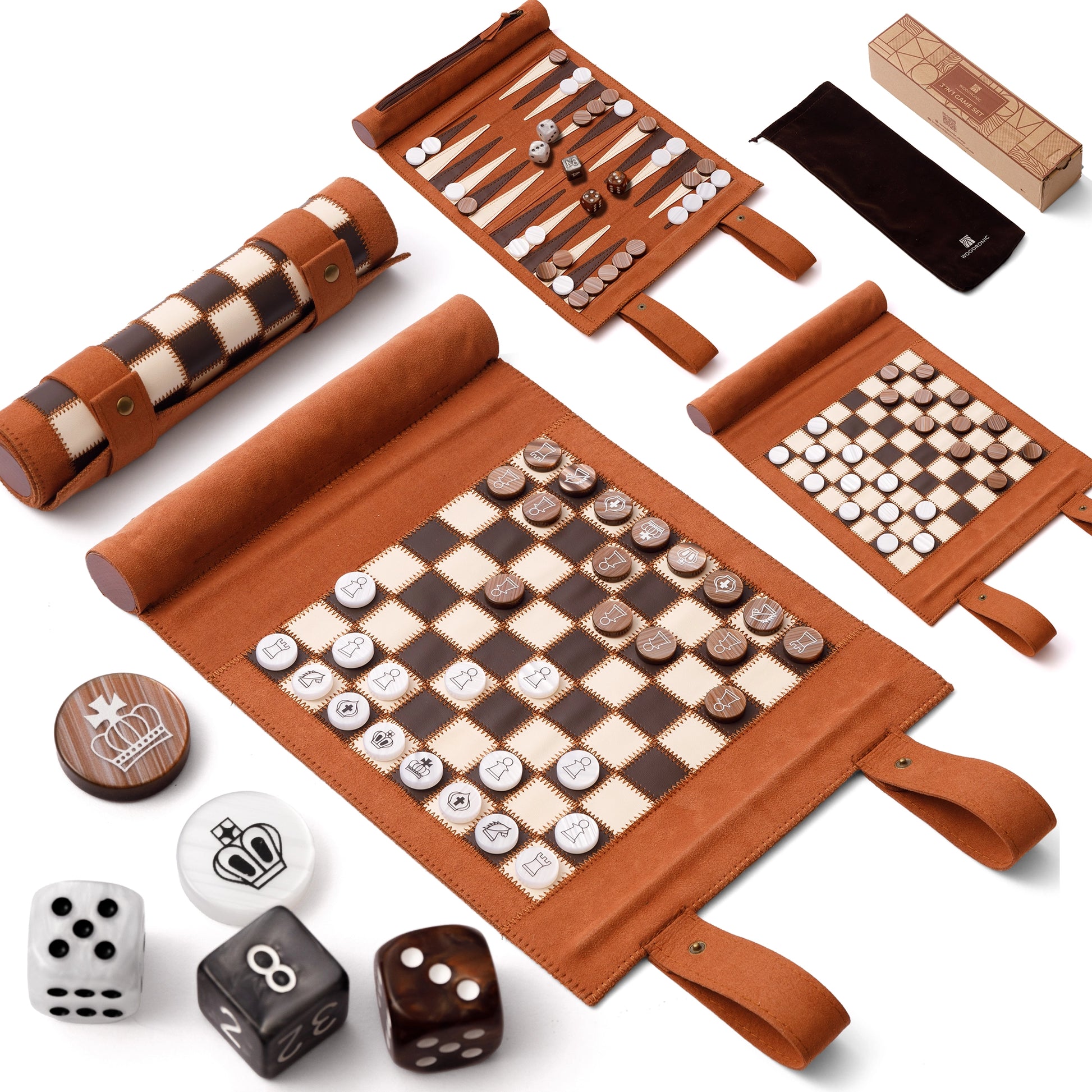 Brown 3-in-1 roll-up travel board game set (chess, backgammon, checkers) with microfiber leather, amber pearl pieces, ideal for portable play.