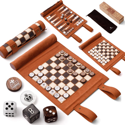 Brown 3-in-1 roll-up travel board game set (chess, backgammon, checkers) with microfiber leather, amber pearl pieces, ideal for portable play.