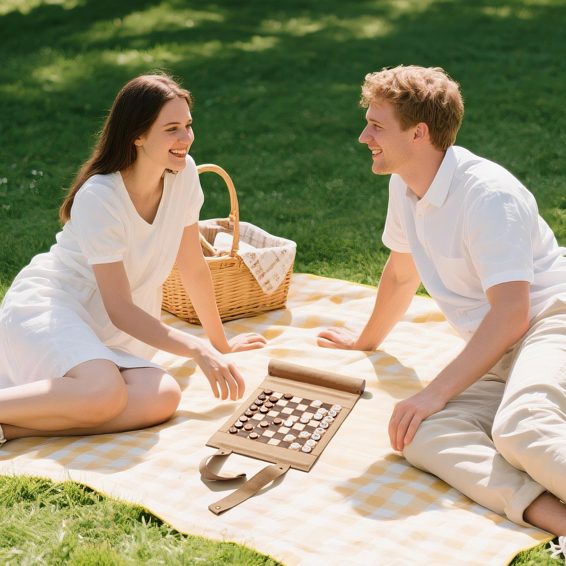 Couple playing chess on brown 3-in-1 travel game set during picnic, ideal for romantic and casual outdoor activities.