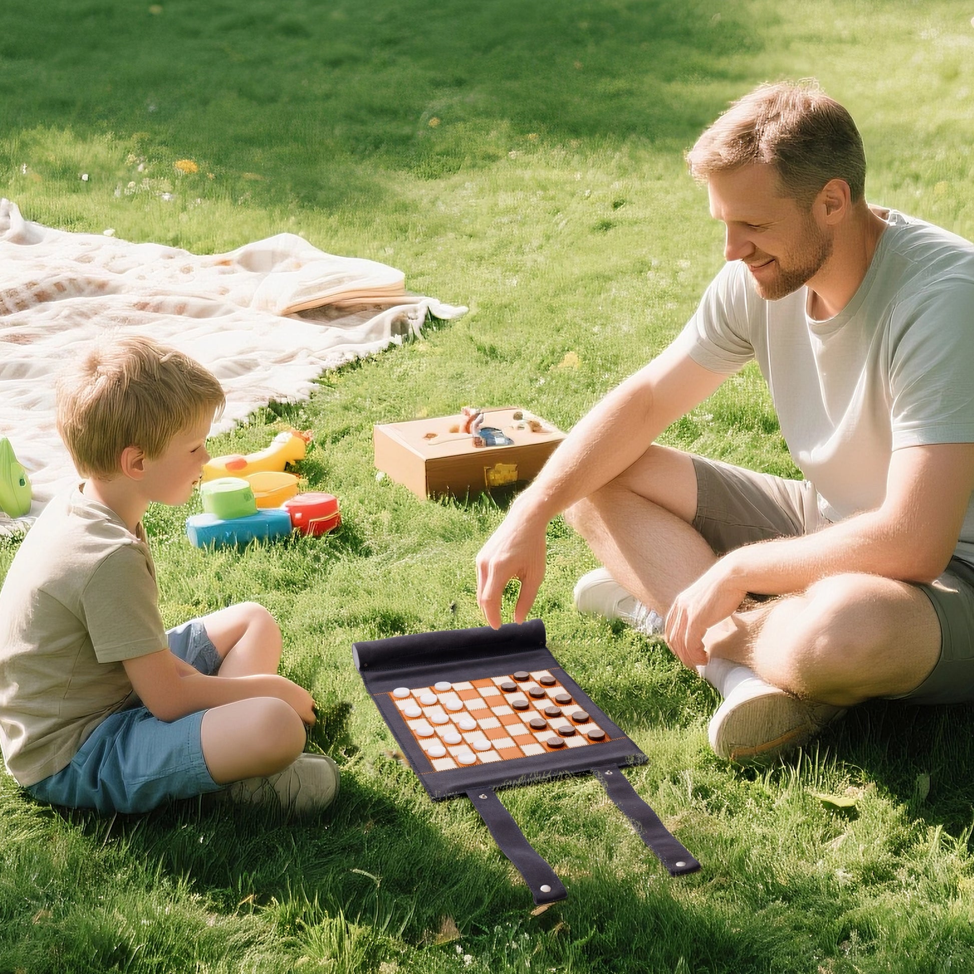 Father and son playing checkers on navy 3-in-1 travel game set in the park, great for family bonding and kids’ play.