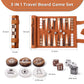 10x14 inch large 3-in-1 travel game set dimensions, featuring amber pearl pieces and copper frame for durability.