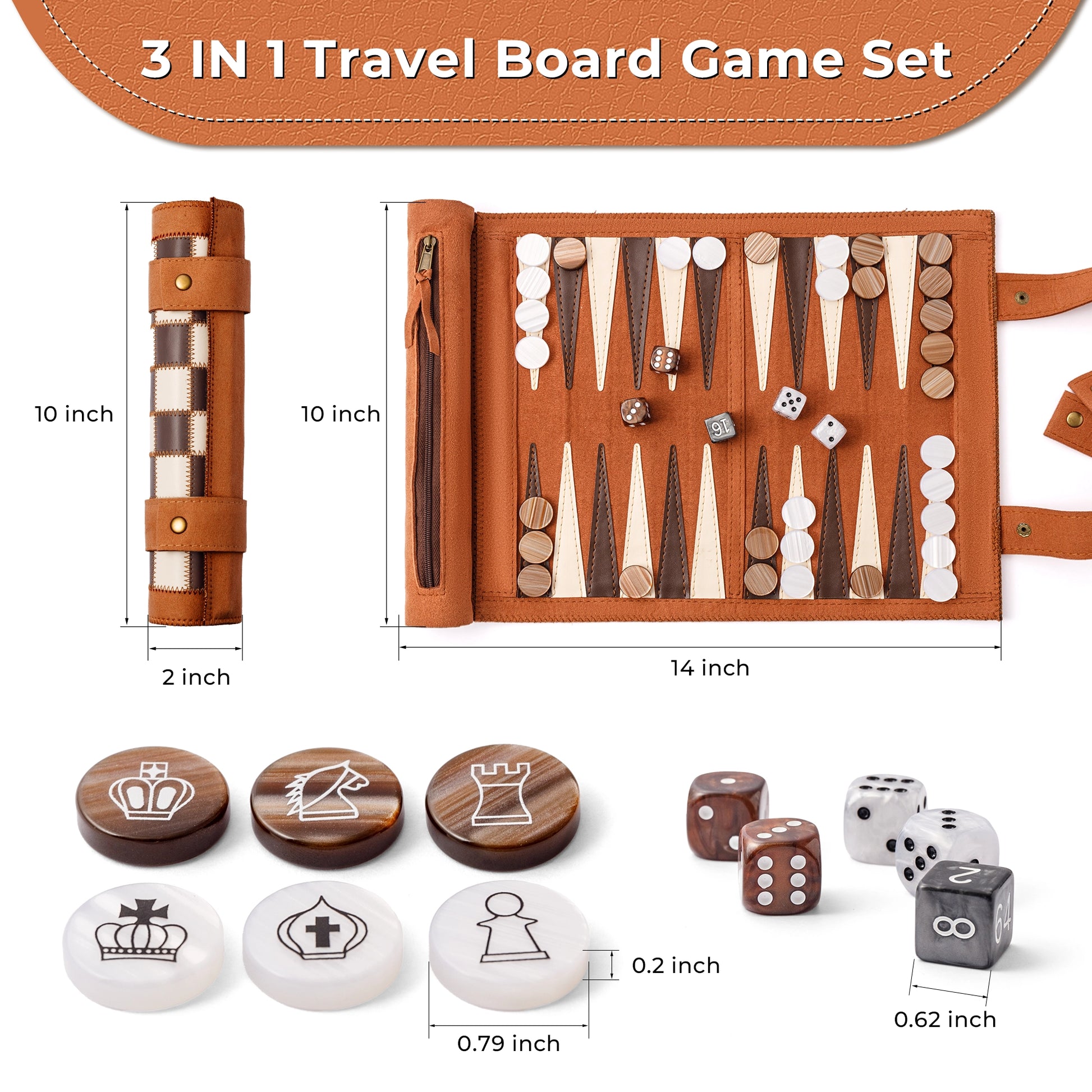 10x14 inch large 3-in-1 travel game set dimensions, featuring amber pearl pieces and copper frame for durability.