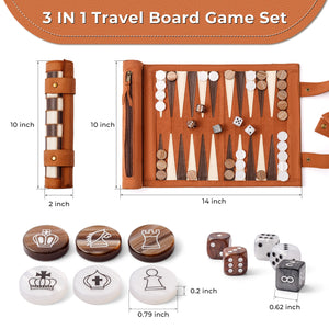 10x14 inch large 3-in-1 travel game set dimensions, featuring amber pearl pieces and copper frame for durability.