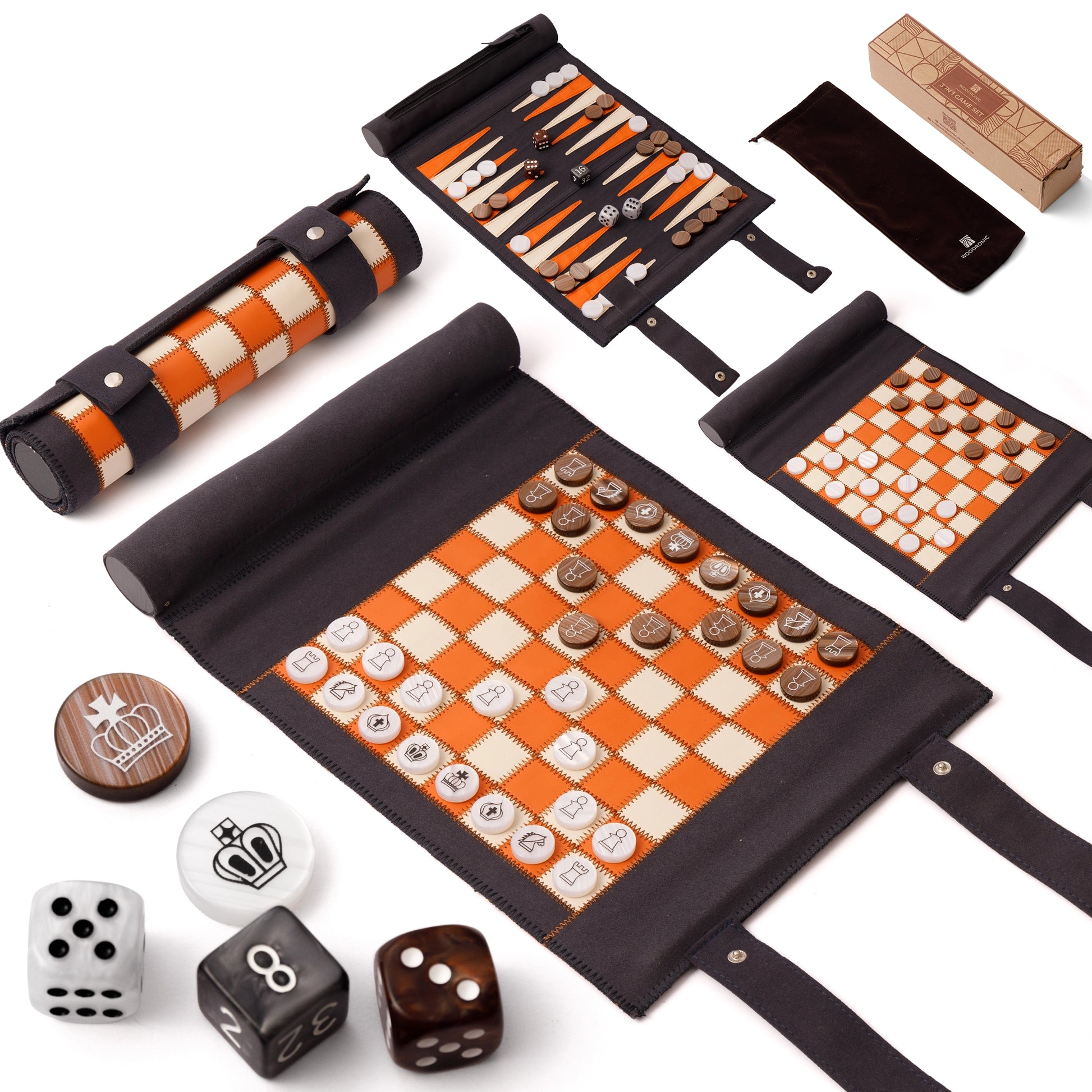 Orange-black roll-up 3-in-1 travel board game set (chess, backgammon, checkers) with microfiber leather, amber pearl pieces, velvet pouch, and gift box, perfect for stylish travel play.