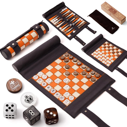 Orange-black roll-up 3-in-1 travel board game set (chess, backgammon, checkers) with microfiber leather, amber pearl pieces, velvet pouch, and gift box, perfect for stylish travel play.