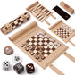 Beige roll-up 3-in-1 travel board game set (chess, backgammon, checkers) with soft microfiber leather, amber pearl pieces, velvet pouch, and gift box, ideal for gifting.