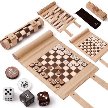 Beige roll-up 3-in-1 travel board game set (chess, backgammon, checkers) with soft microfiber leather, amber pearl pieces, velvet pouch, and gift box, ideal for gifting.