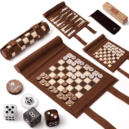 Brown roll-up 3-in-1 travel board game set (chess, backgammon, checkers) with microfiber leather, amber pearl pieces, velvet pouch, and gift box, perfect for portable play.