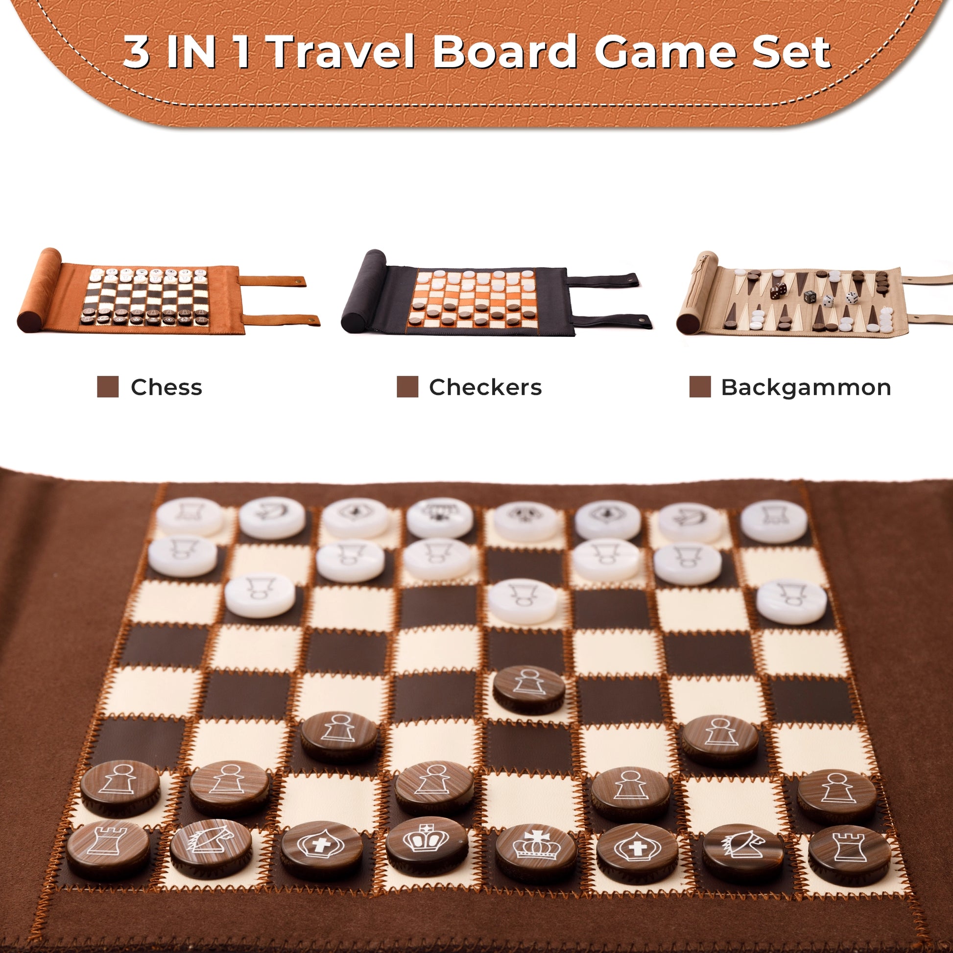 3-in-1 travel game set collage showing chess, checkers, and backgammon modes, perfect for versatile on-the-go entertainment.
