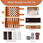 Complete 3-in-1 travel game set includes roll-up board, 32 chess pieces, 5 dice, instructions, velvet pouch, and gift box.