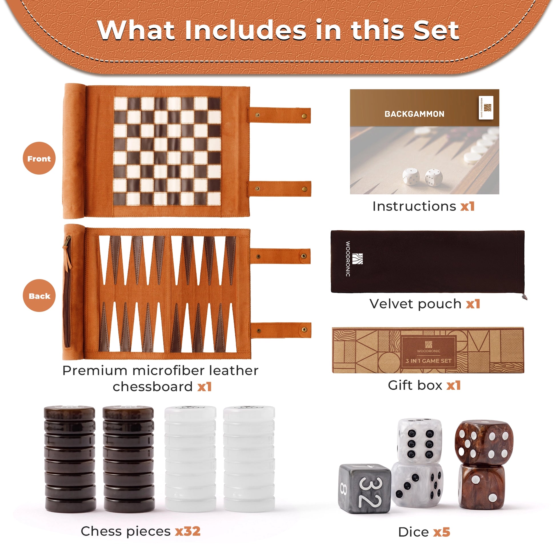 Complete 3-in-1 travel game set includes roll-up board, 32 chess pieces, 5 dice, instructions, velvet pouch, and gift box.