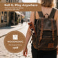 Woman carrying rolled 3-in-1 travel game set in backpack, emphasizing "Roll It, Play Anywhere" portability.