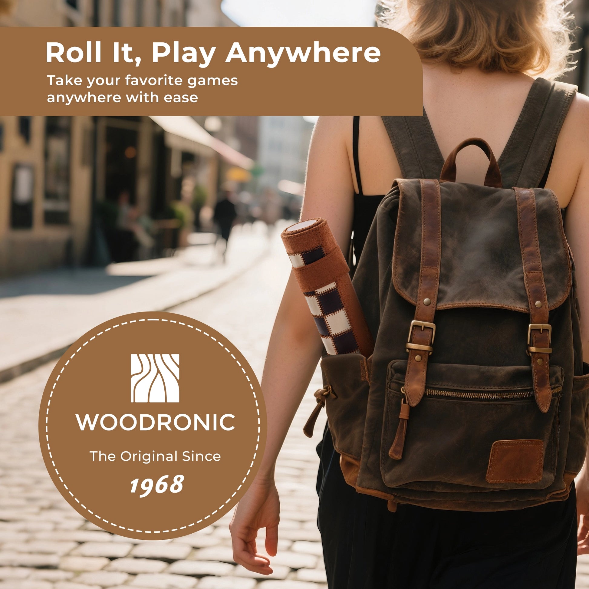 Woman carrying rolled 3-in-1 travel game set in backpack, emphasizing "Roll It, Play Anywhere" portability.