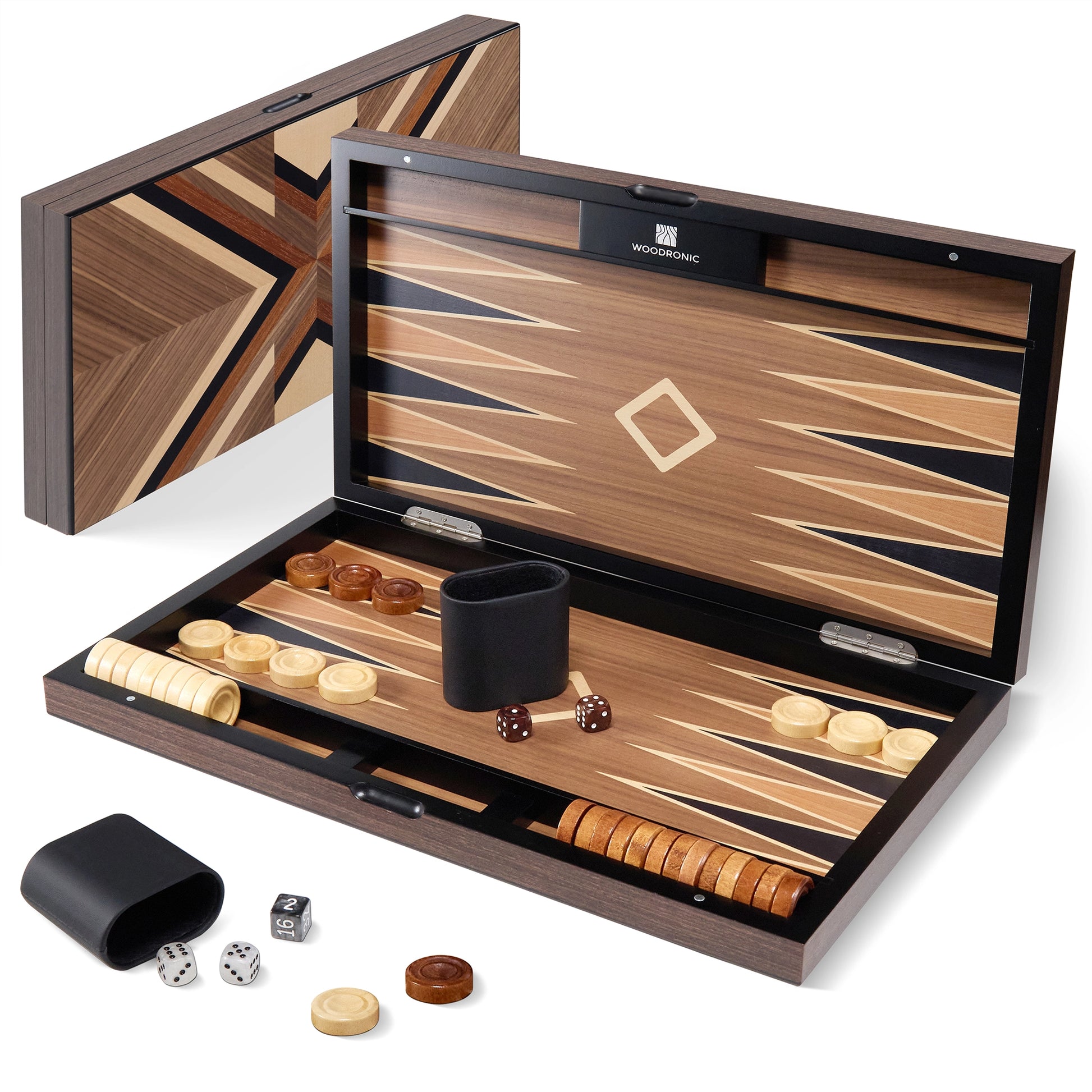 Artistic wood inlay backgammon set with folding board, ergonomic finger-hole pieces, PU dice cups, ideal for display and travel play.