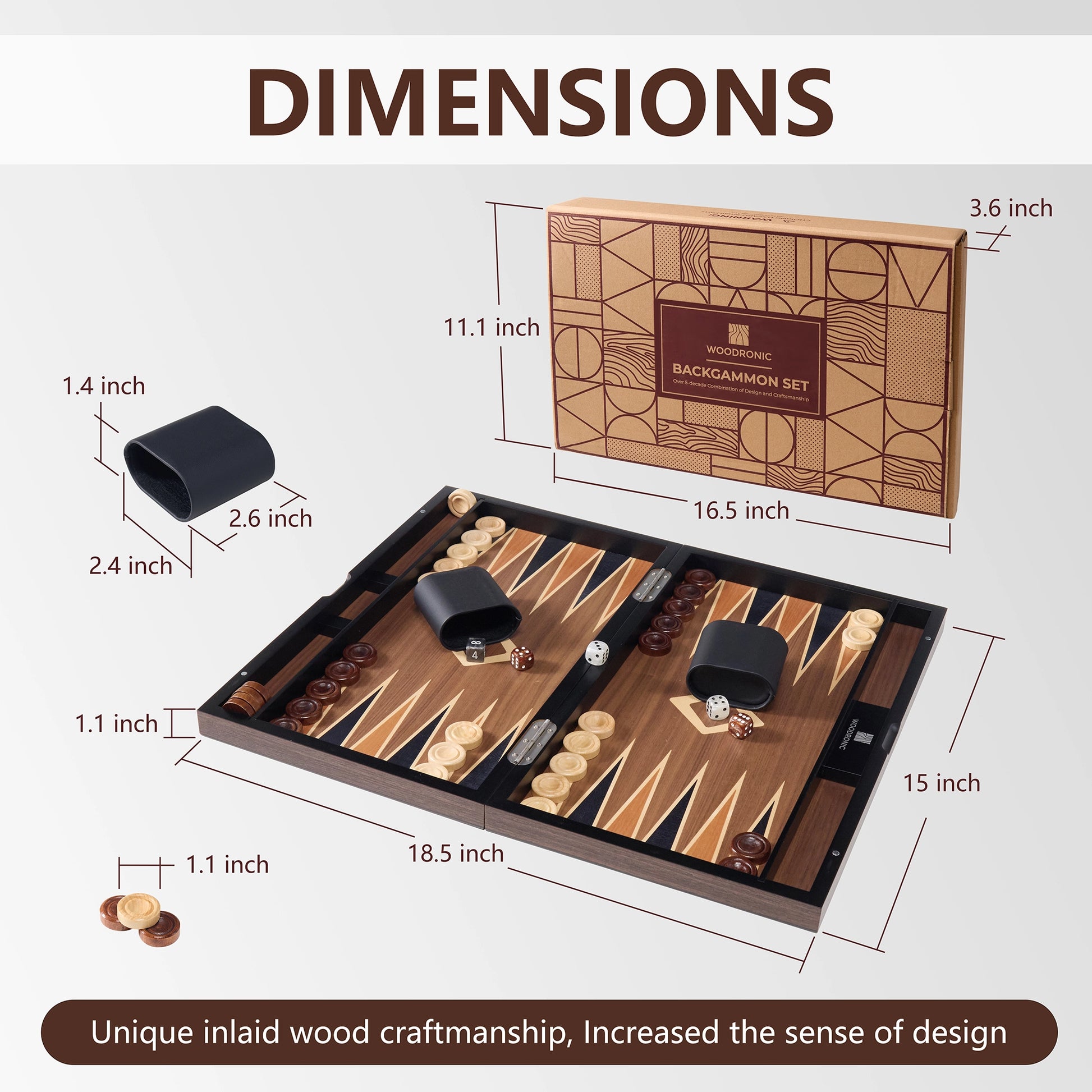 18.5-inch wood inlay backgammon set dimensions: 18.5x15x1.1 inches, with 1.1-inch checkers and premium gift box packaging.