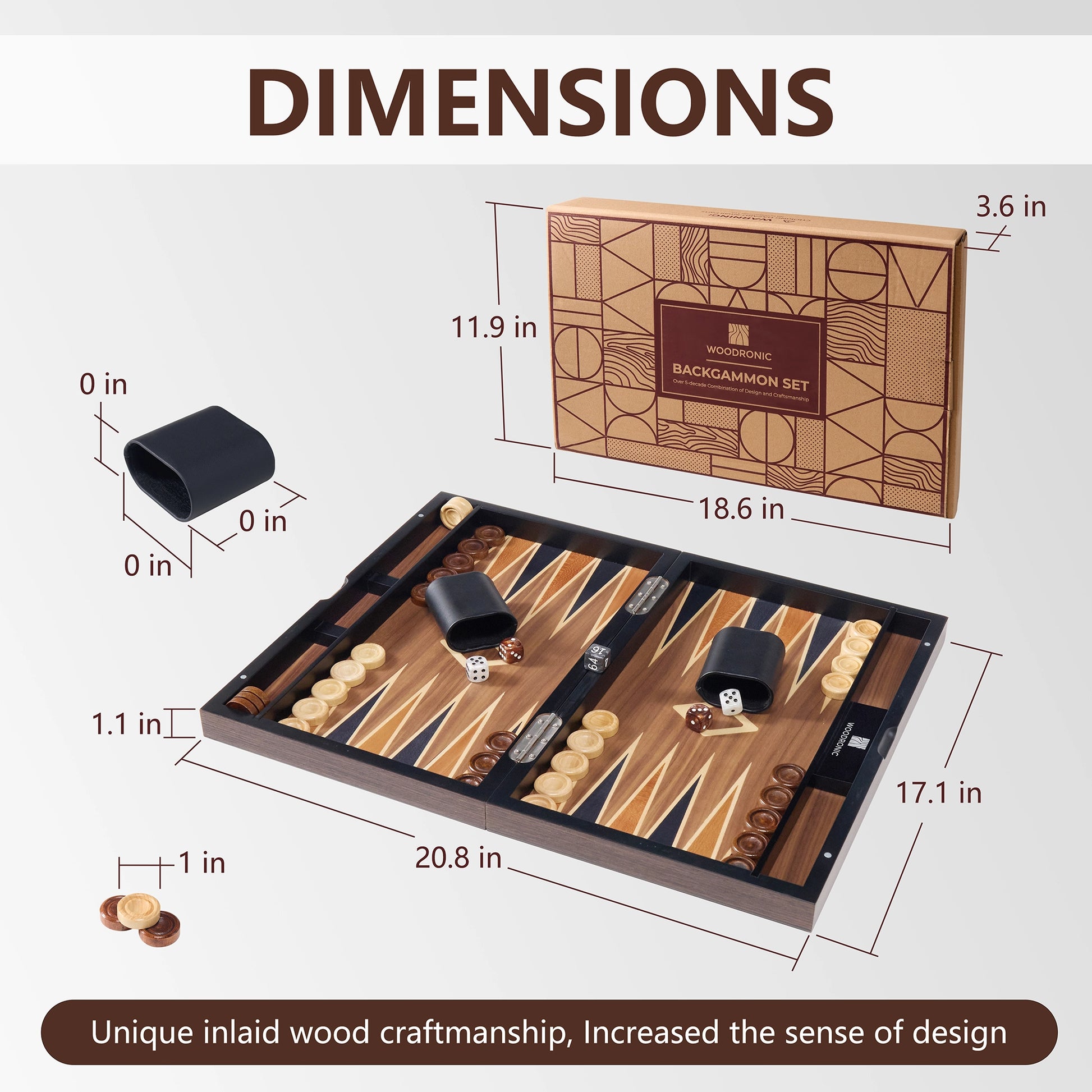 20.8-inch large wood inlay backgammon set dimensions: 20.8x17.1x1.1 inches, ideal for family game nights and display.