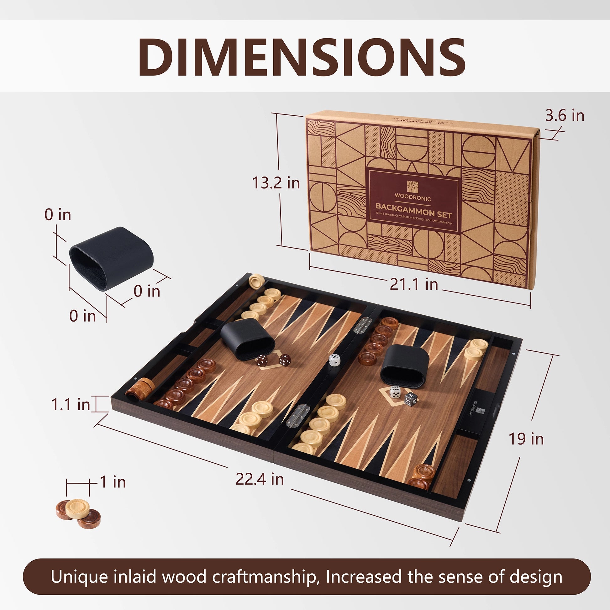 22.4-inch extra large wood inlay backgammon set dimensions: 22.4x19x1.1 inches, featuring exquisite inlaid wood craftsmanship.