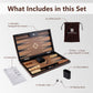 Complete wood inlay backgammon set includes folding board, 32 checkers, dice shakers, double cube, instructions, and velvet pouches.