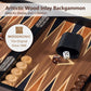 Close-up of Woodronic wood inlay backgammon set, featuring premium wood craftsmanship and classic medallion pattern for collection.