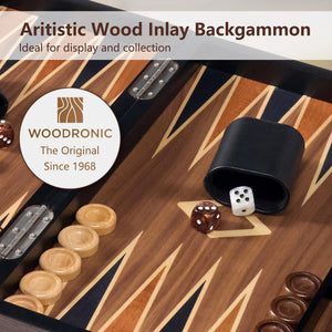 Close-up of Woodronic wood inlay backgammon set, featuring premium wood craftsmanship and classic medallion pattern for collection.