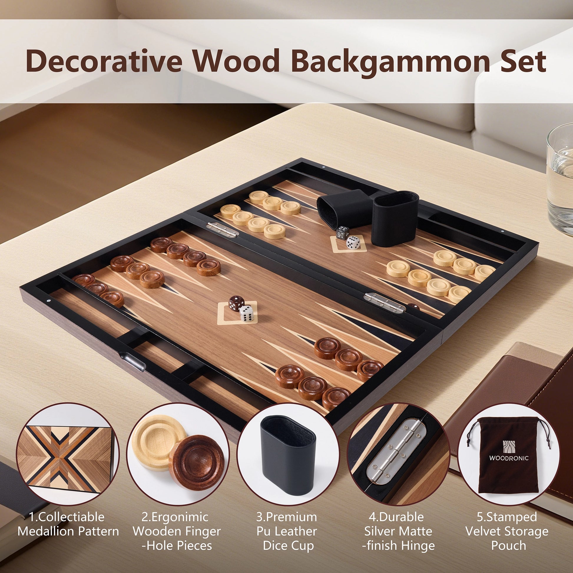 Decorative wood backgammon set with collectible medallion pattern, ergonomic pieces, PU dice cups, durable hinges, and velvet storage pouch.