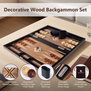 Decorative wood backgammon set with collectible medallion pattern, ergonomic pieces, PU dice cups, durable hinges, and velvet storage pouch.