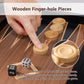 Ergonomic finger-hole wooden backgammon checkers, more comfortable than flat pieces, shown in use on wood inlay board.