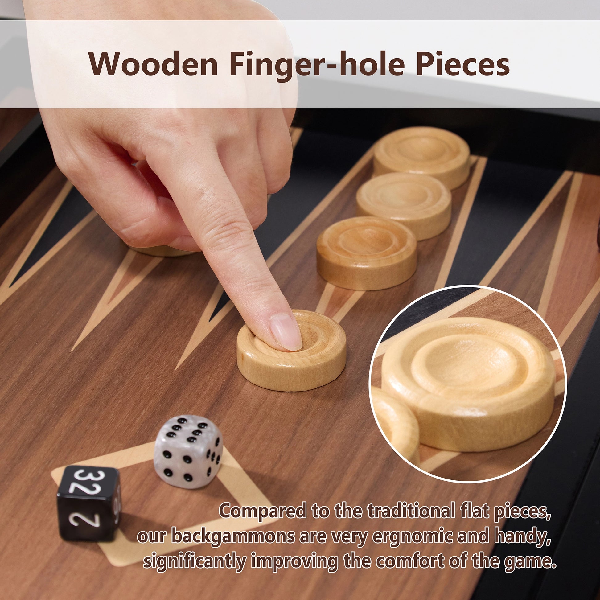 Ergonomic finger-hole wooden backgammon checkers, more comfortable than flat pieces, shown in use on wood inlay board.