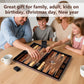 Family playing wood inlay backgammon set, perfect as a thoughtful gift for birthdays, Christmas, and New Year for all ages.