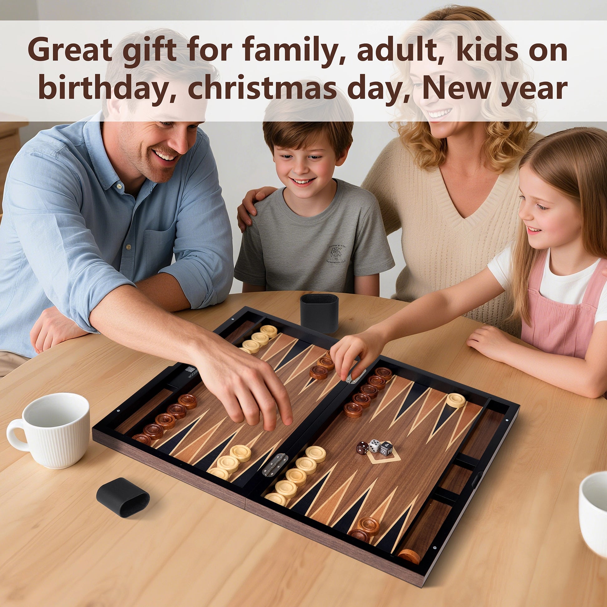 Family playing wood inlay backgammon set, perfect as a thoughtful gift for birthdays, Christmas, and New Year for all ages.