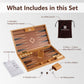 Complete light wood backgammon set includes folding board, 32 checkers, wooden dice shakers, double cube, instructions, and velvet pouches.