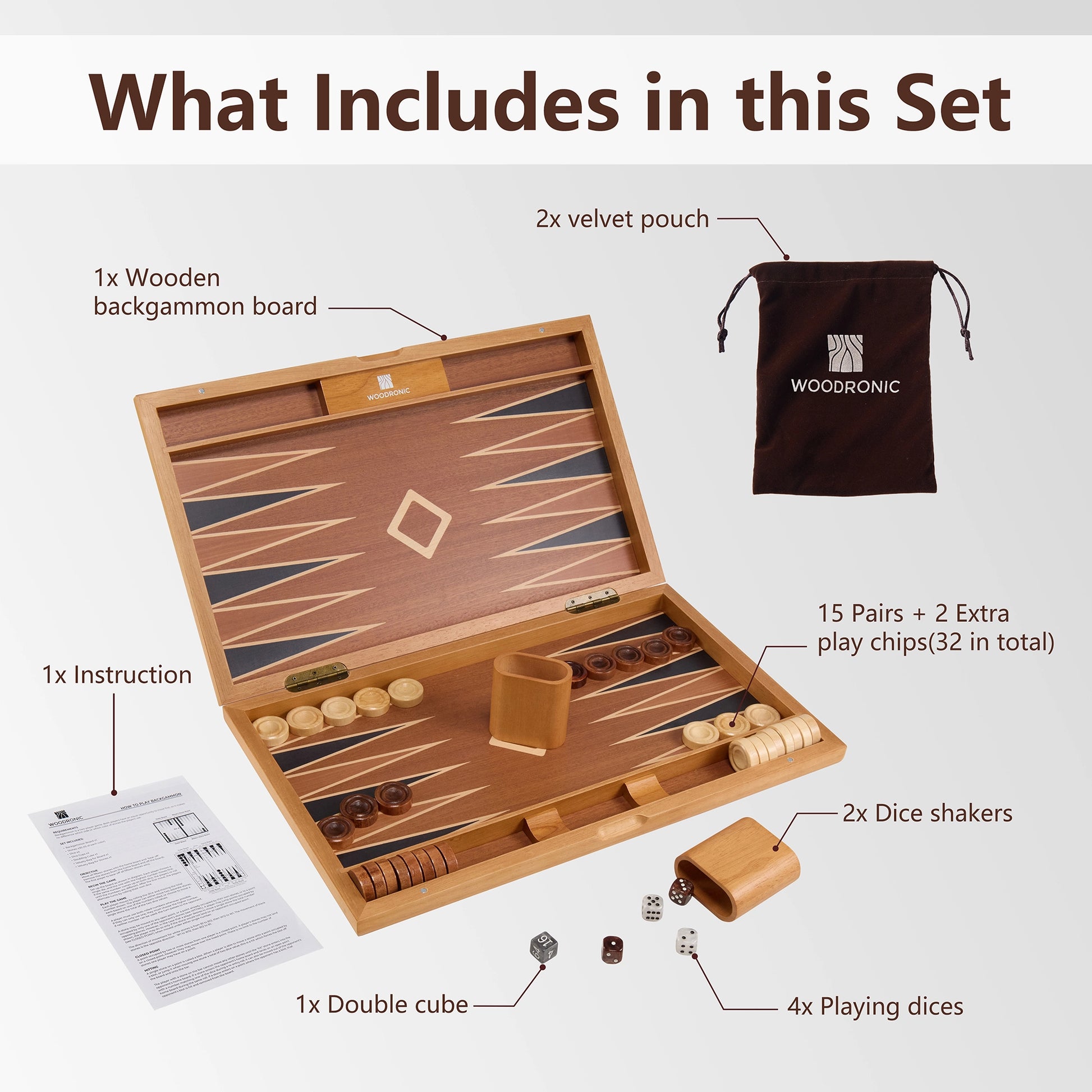 Complete light wood backgammon set includes folding board, 32 checkers, wooden dice shakers, double cube, instructions, and velvet pouches.