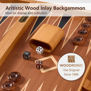 Close-up of Woodronic light wood inlay backgammon set, featuring "The Original Since 1968" branding and collectible medallion pattern.
