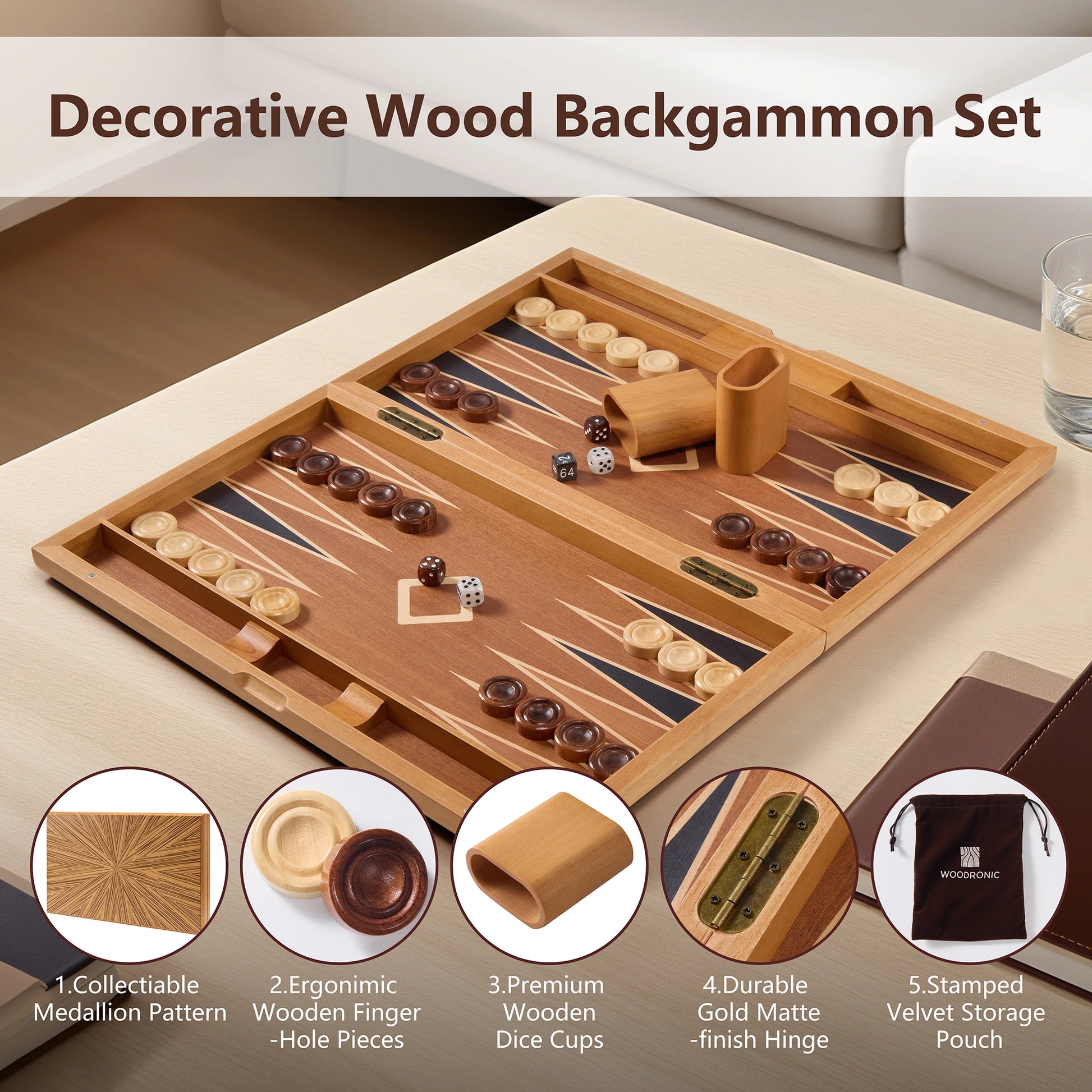 Decorative light wood backgammon set with collectible medallion pattern, ergonomic pieces, wooden dice cups, durable hinges, and velvet pouch.
