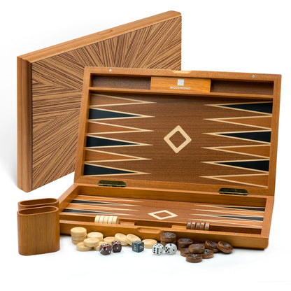 Light wood inlay backgammon set with folding board, ergonomic finger-hole pieces, wooden dice cups, ideal for display and classic play.