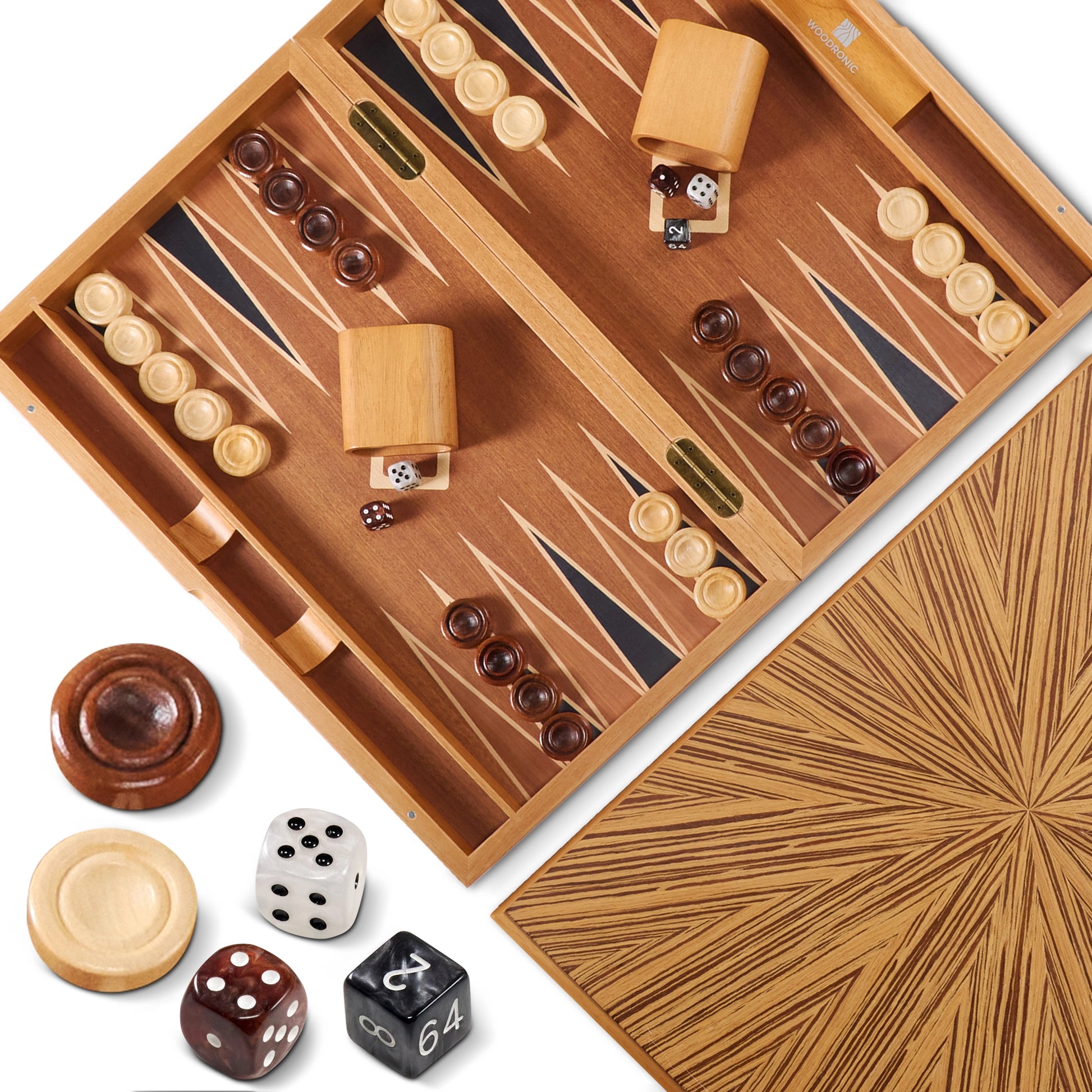 Light wood backgammon set in play, showing ergonomic checkers, wooden dice cups, and premium inlaid wood craftsmanship.