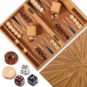 Light wood backgammon set in play, showing ergonomic checkers, wooden dice cups, and premium inlaid wood craftsmanship.