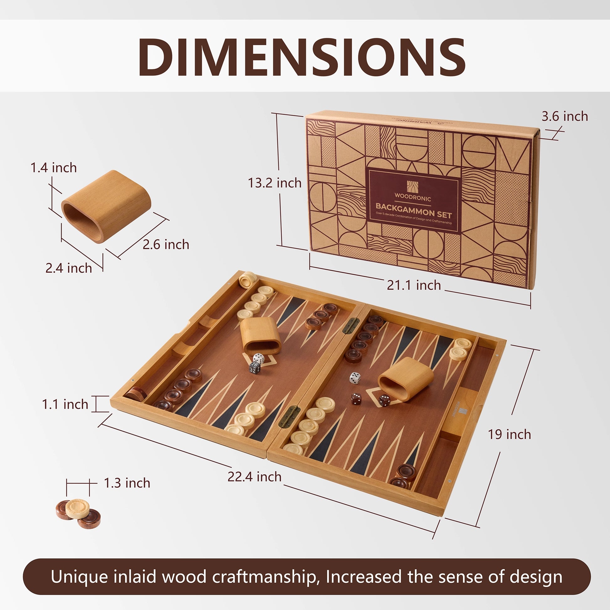 22.4-inch extra large light wood inlay backgammon set dimensions: 22.4x19x1.1 inches, showcasing exquisite inlaid wood craftsmanship.
