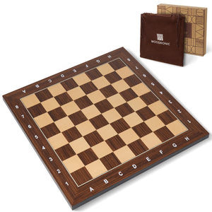 15.75" wenge and maple wooden chess board with algebraic coordinates, perfect for display and play.