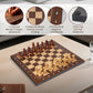 Infographic of wooden chess board features: premium hardwoods, algebraic coordinates, and anti-slip protection.