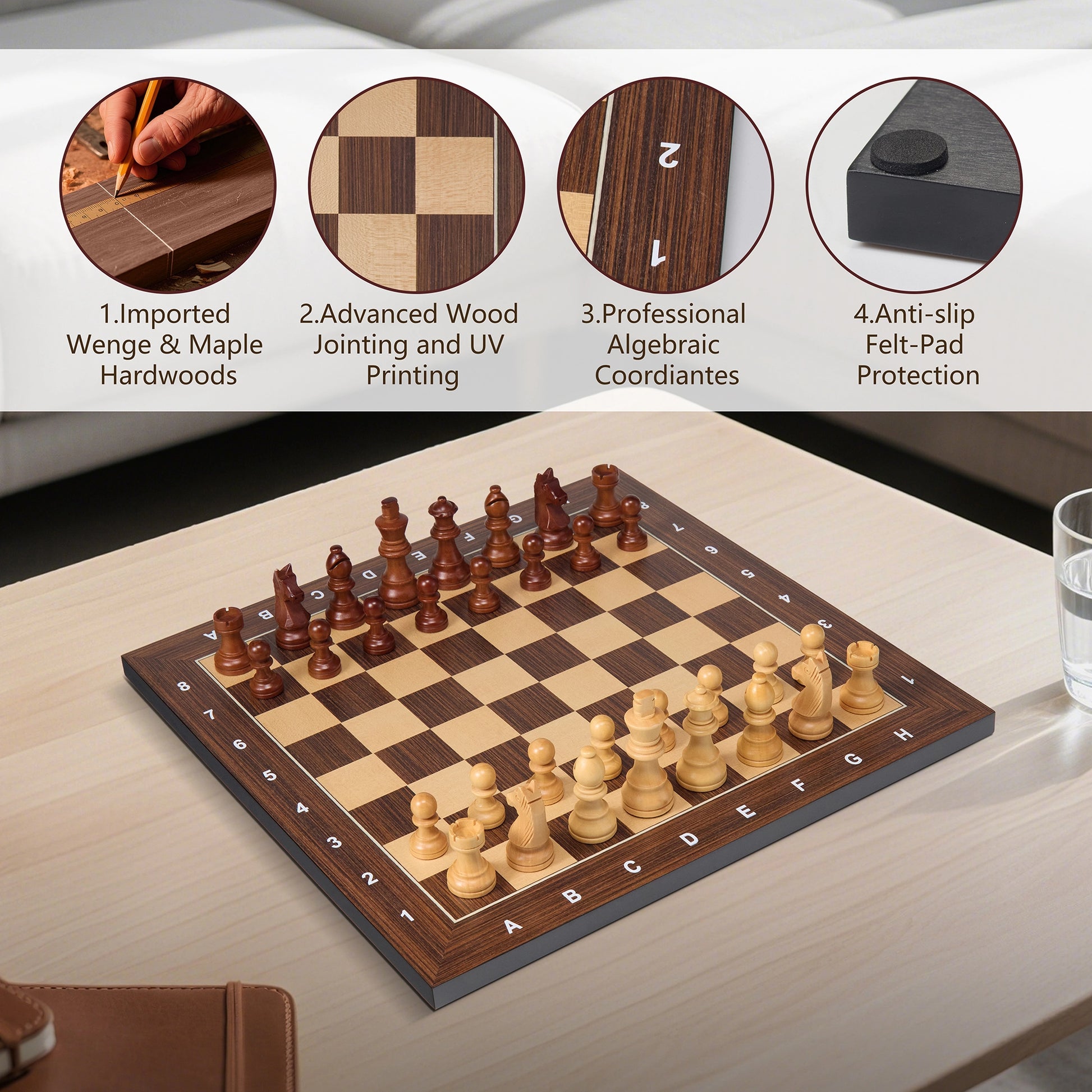 Infographic of wooden chess board features: premium hardwoods, algebraic coordinates, and anti-slip protection.