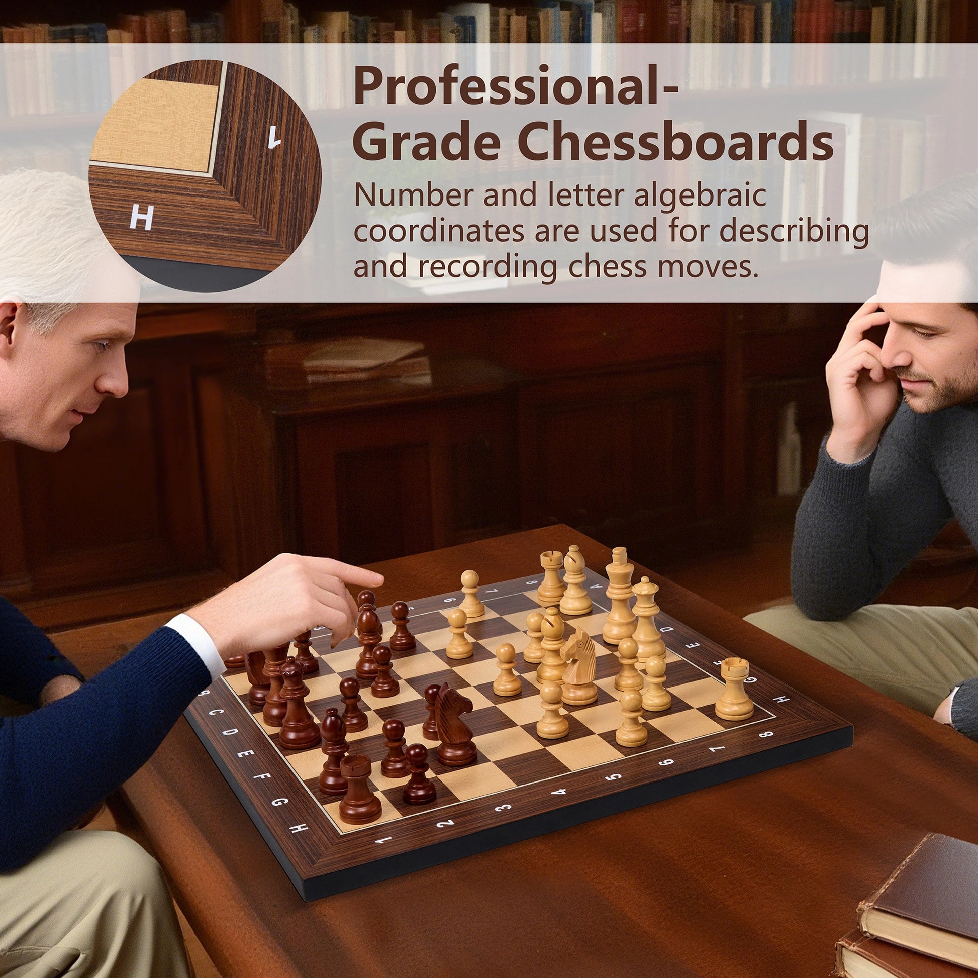 Two men playing chess on a professional wooden board with algebraic coordinates, ideal for competitive play.