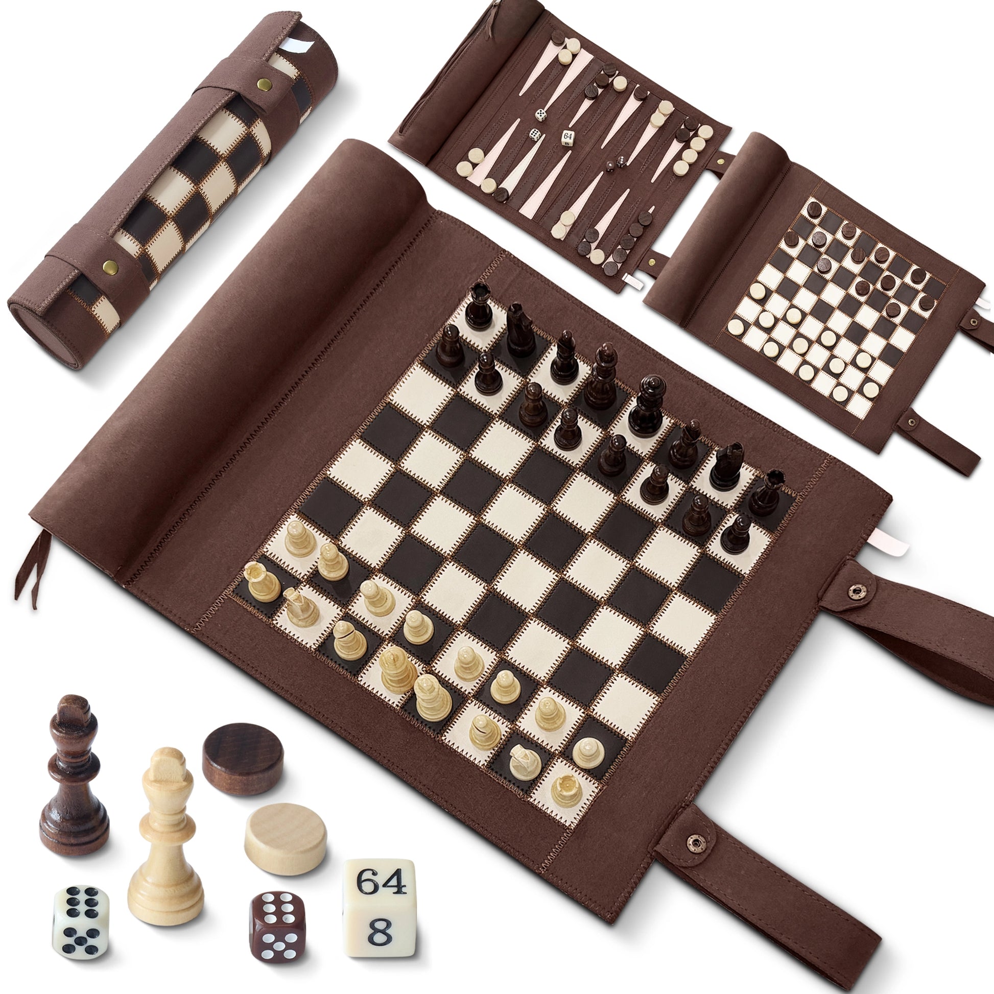 Brown roll-up 3-in-1 travel board game set (chess, backgammon, checkers) with magnetic pieces, ideal for portable play.