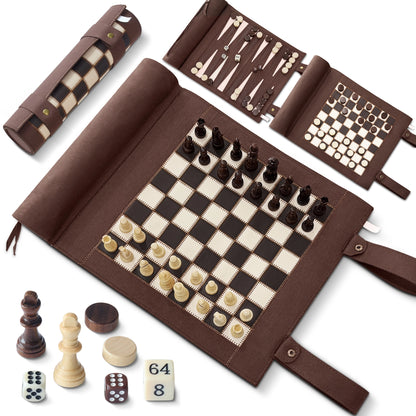 Brown roll-up 3-in-1 travel board game set (chess, backgammon, checkers) with magnetic pieces, ideal for portable play.