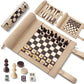 Beige roll-up 3-in-1 travel board game set with magnetic chess, backgammon, and checkers pieces.