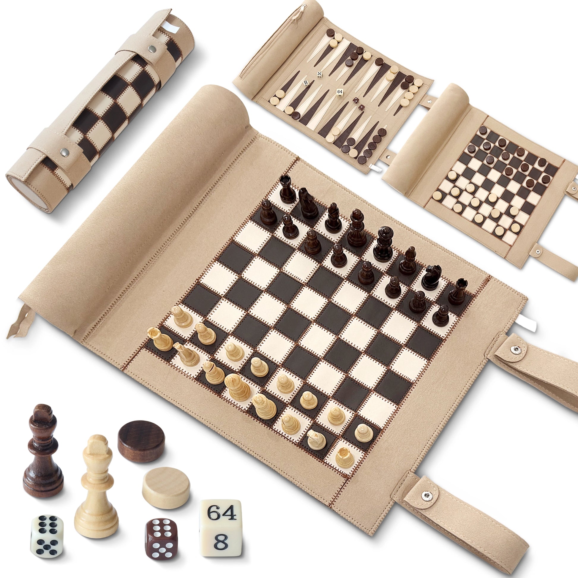 Beige roll-up 3-in-1 travel board game set with magnetic chess, backgammon, and checkers pieces.