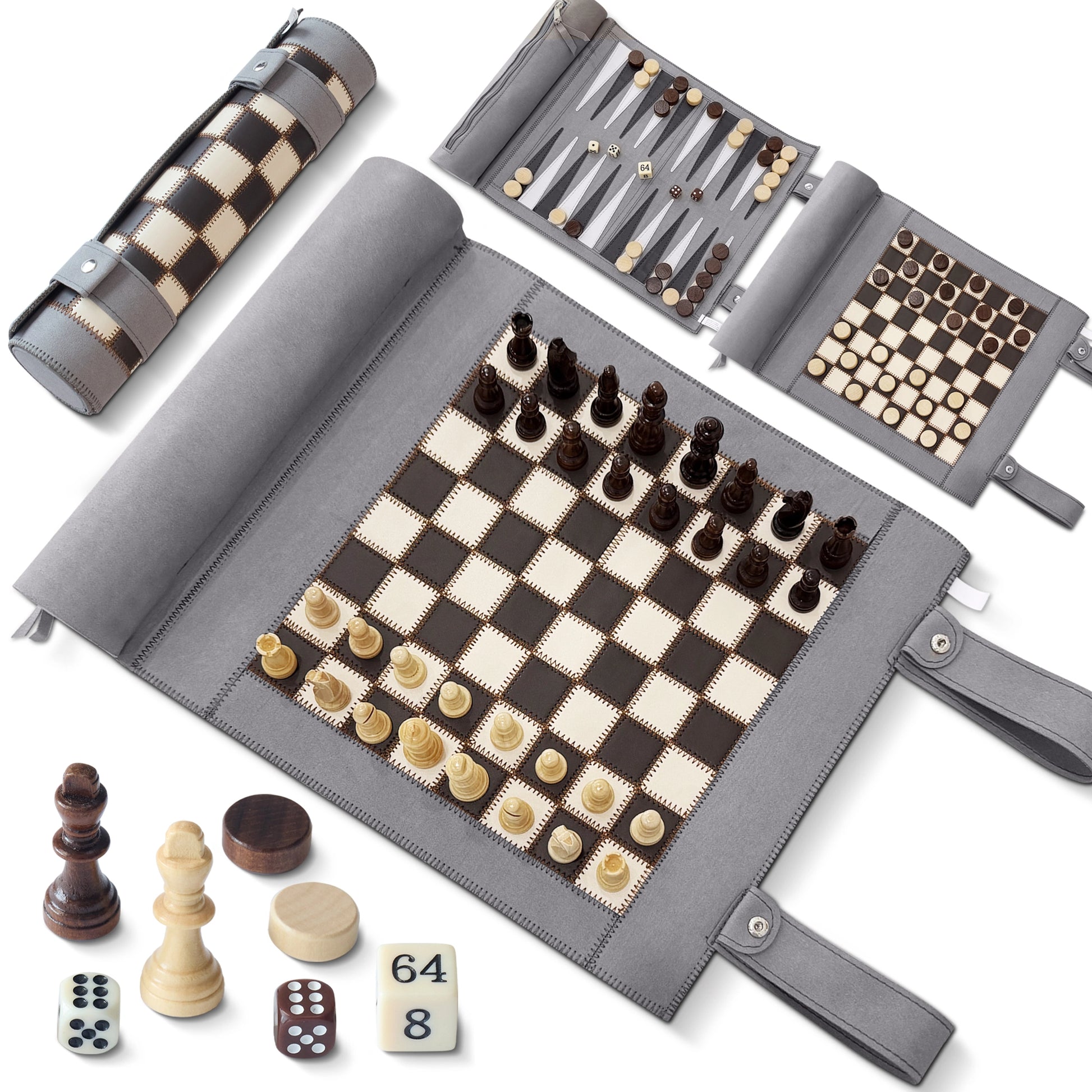 Gray roll-up 3-in-1 travel board game set with magnetic chess, backgammon, and checkers pieces.