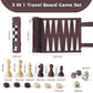 Travel game set dimensions and component specs diagram, showing chess piece sizes and portable roll-up design.